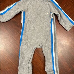 Grey Knit Baby Footie with Blue and White Side Stripes